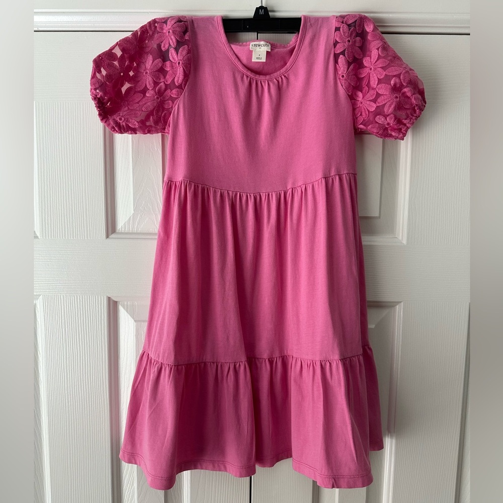 J. Crew Pink Tiered Dress with Floral Lace Puff Sleeves
